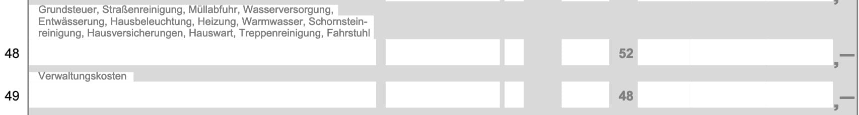 Alt tag: Die Zeilen 48 oder 49 der Anlage V des Formulars für die Steuererklärung. Hier wird das Hausgeld eingetragen.