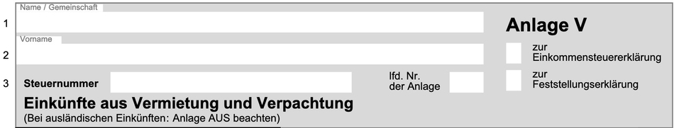 Die Titelzeile der Anlage V der Steuererklärung ist zu sehen. Hier werden Einkünfte aus Vermietung und Verpachtung angegeben, auch das Hausgeld kann hier bei den Werbungskosten abgesetzt werden.