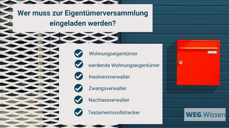 Eine Infografik, die zeigt, wer alles zu einer WEG-Eigentümerversammlung eingeladen werden muss.