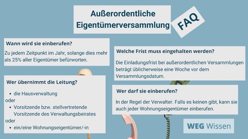 Eine Infografik erklärt wichtige Fragen zur außerordentlichen Eigentümerversammlung: Wer diese einberufen darf, wann sie einberufen wird, wer sie leitet und welche Fristen es gibt.